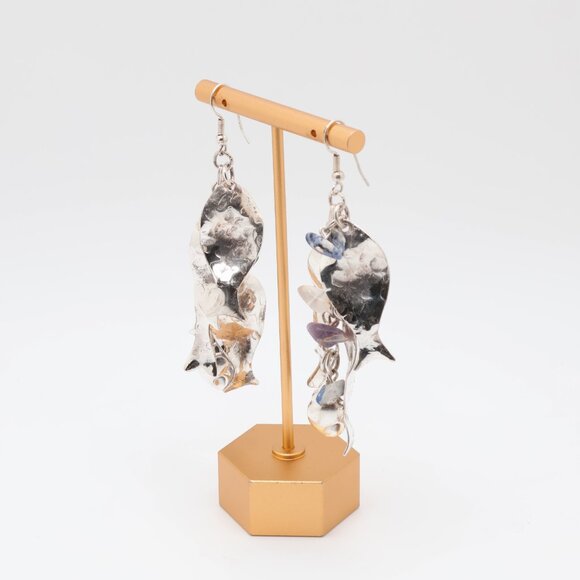 Vintage Sterling Silver Lapis Lazuli Amethyst Fish Dangle Earrings - Picture 6 of 6